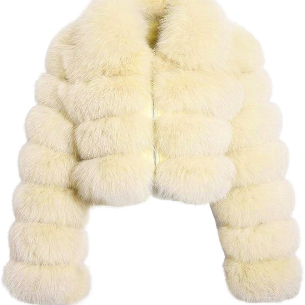 Elegant Cropped Cream Faux Fur Bubble Puffer Jacket